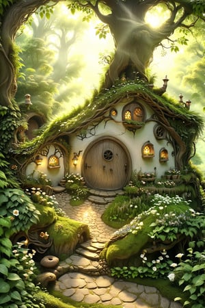 A whimsical scene unfolds as the camera captures the serene atmosphere of an enchanted forest. Amidst the lush green foliage and sunlit trees, a charming hobbit-style dwelling nestles cozily into the nook of a massive tree trunk. Smoke lazily billows from the chimney, carrying the scent of warmth and comfort. Steps lead up to the round door, inviting viewers to enter this mystical realm, whimscial, bugs, fairys, 75 degree wide angle, movie still,