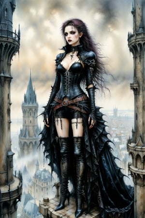 
A beautiful adventuress , gothic clothes standing on to of the tower overlooking a big city. Luis Royo, Grzegorz Rosiński, detailed background, dark fantasy, comic illustration, masterpiece, realistic,goth person,LegendDarkFantasy,Landskaper