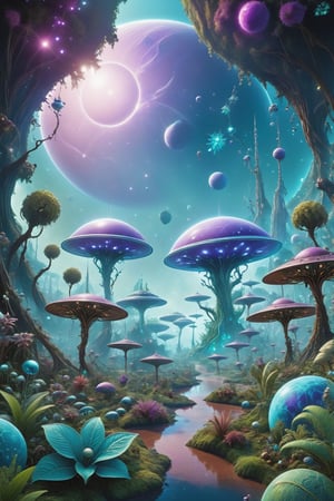 an alien planet, covered in alien plants and trees, alien little bugs,also alien beings