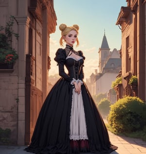 Create a full-body shot of a Gothic lady from the Victorian era. She stands with her pure blonde hair styled in a typical Victorian bun. She wears a traditional yet stunning Victorian-era bodice dress made of red lace over black satin. She holds a parasol to shield herself from the bright sun. Her makeup is in a typical Gothic style but light and subtle, with her lips slightly parted. The image should be high definition and high quality,girl,victorian dress,xuer shang dynasty,pastelbg,FFIXBG,YAMATO,goth girl