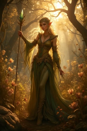 In a dappled, ancient forest ruin, an Elf Princess stands tall close to camera, closeup shot, her scepter raised high as beams of warm sunlight filter through the dried withered grasses and dry seedpods, casting a golden halo around her regal figure. covered in an ultra-multitude of small dry flowers and vines, very tall overgrown varied dry wildflower beds surround her, her beautiful, enchanted clothing shimmers in the soft light, while dry lush foliage and vines surround her, creating a lush environment. The camera captures a sharp focus on the princess's face, with the rule of thirds composition placing her at the intersection of two diagonals. Shot during the golden hour, the scene exudes an ethereal mood, inviting the viewer to step into this mystical realm., ,fantasy, better_hands, leonardo, angelawhite, Enhance