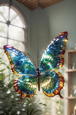 create a glass moanrch butterfly, glistening in the sun, hanging on  a small chain form the ceiling