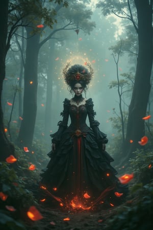 Create an image of a gothic female figure standing in a misty forest. She wears beautifully detailed traditional gothic clothing and has striking makeup. Surrealism style adds a whimsical touch, with upside-down trees and colorful shadows dancing around her.