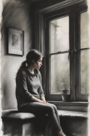 A sketch of a girl sitting at her bay window, appearing deep in thought, with a background and surroundings that evoke comfort. ,Charcoal drawing,Sketch,dark moody atmosphere