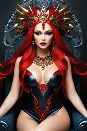 The Queen of the Damned sits regally on her throne of black iron and red gems, her presence commanding and formidable. Her legs are crossed elegantly, exuding both power and grace. She wears a magnificent crown that sparkles atop her head, complementing her long, bright red hair that cascades over her shoulders like a fiery waterfall. Her dark makeup accentuates her piercing red eyes, making them glow with an intense, otherworldly light. Before her, her slaves kneel on the cold stone floor, their heads bowed in submission. ,DonMH4ny4XL,DonMM1y4XL,DonM3t3rn1tyXL