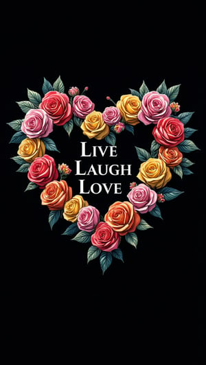 Logo badge. Designa small  gothic font style logo that features colourful roses layed out on the shape of a heart. Position the text 'Live Laugh Love ' The color scheme should prominently feature chrome, along with vibrant colors for the flowers to make the logo stand out.