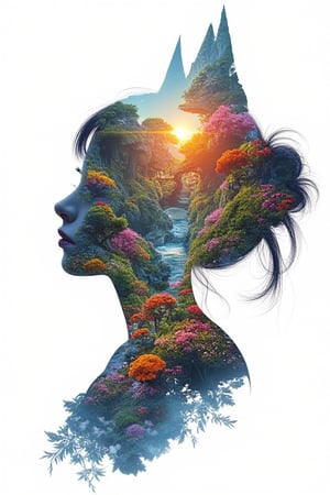 Silhouette of a girl in a scenery of a magical world, fantastic scenery of another world, close-up, double exposure, white background, vibrant colors, Studio Ghibli, StdGBRedmAF, lineart,Top quality, very detailed and delicate details description:1.2,