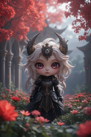 Masterpiece, best quality, stunning, extremely detailed CG unified 8k wallpaper, gothic, chibi version, standing on a haven garden, detailed background, 8k, 
,chibi, chibi version,Angelababy