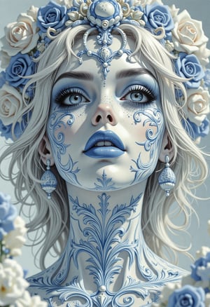 An exquisitely detailed illustration of a woman crafted entirely from delicate porcelain, standing in perfect balanced symmetry. Her form is adorned in intricate white and blue patterns, resembling the fine details of filigree, with her facial features meticulously sculpted, evoking hyperrealism and refined beauty. The scene is set in a comic book and grunge style fusion, capturing both elegance and intensity. The artwork showcases super HD quality, emphasizing the sharpness of every porcelain crack, shadow, and highlight. Rendered in the style of Hayv Kahraman, the composition embraces a fusion of realism and stylized grace, with a touch of mystery and sophistication