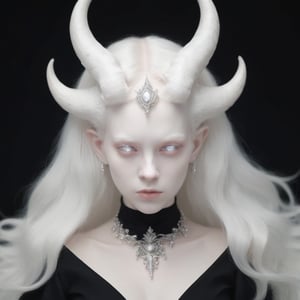 A stunning albino demon princess, dressed in her finest black attire and jewelry, gazes at you with large, white eyes, Her intricate horns rise majestically from her head, embodying nothing but perfection.,whiteeyes,huapighost,DonMF1r3XL