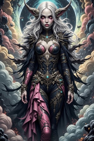 Paint a gothic female in an ornate traditional gothic outfit, complete with elaborate makeup that highlights her beauty. Use surrealism to depict her in a mystical realm, featuring floating, disembodied wings and an array of colorful clouds swirling in the background.