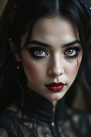 An ultra-detailed portrait of a beautiful young Gothic female. Her shoulder-length black hair frames her face in soft waves, highlighting her striking features. She wears dramatic Gothic makeup, with dark, smoky eyes, deep red lipstick, and pale, porcelain-like skin. A delicate lace veil drapes gently over her shoulders, adding an air of elegance to her darkly romantic appearance. Her intense gaze exudes beauty and mystery, capturing the essence of both classic bridal grace and gothic allure,