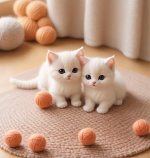 create the cutest little  kittens playing with balls of wool on a mat