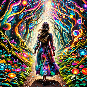 create an illustrative picture of a girl walking through a psychedlic forest, its bright, colourful, full of mystical life