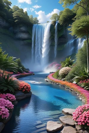 create me the most beautiful picturesque scene, I want waterfalls, trees, flowers, blue skies, I want perfection,glitter,3l3ctronics