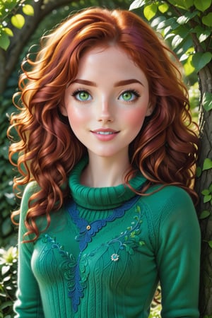 ((full body shot))please create me  a true red haired beauty, her hair is curly and long, she has freckles sprinkled over here face, eyes of vivid green, light rosy lips, she wears a green turtl neck jumper, blue jeans, she stands beside a tree surrounded by gardens and walkways, she has a slight smile