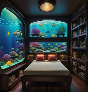 a cozy steampunk bedroom at the bottom of the ocean, bunk bed, books, aquarium, large window, vibrant colors, Studio Ghibli, StdGBRedmAF, lineart,Ghiblistyle,steampunk,APEX colourful ,kaiyuukan