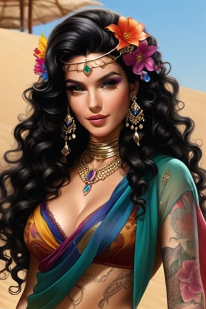 A Gypsy Queen, adorned in the finest outfit, adorned in flower tattoos, wearing crystals of all colours, long black curly flowing hair under a silk scarf, ,Masterpiece,3D