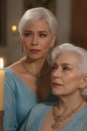 A close-up shot of a mature woman with striking white hair, adorned with intricate jewelry - a delicate necklace and elegant earrings. She sits beside an elderly couple, the old man and woman, in a dimly lit room with worn, vintage furniture. The warm glow of a nearby candle casts a realistic ambiance, highlighting the subjects' gentle features.