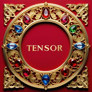 in the middle the text is to read "Tensor " lettring on bold and gold, 
around the edges is filled with stunning colourful  gems, the text is red