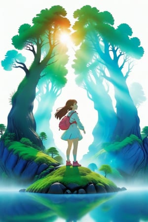 Silhouette of a girl in a scenery of a magical world, fantastic scenery of another world, close-up, double exposure, white background, vibrant colors, Studio Ghibli, StdGBRedmAF, lineart