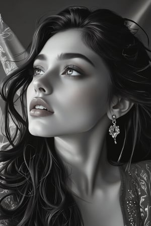 (1girl, solo, long hair, looking at viewer, closed mouth, monochrome, greyscale, earrings, lips, eyelashes, portrait), detailed textures, high quality, high resolution, high Accuracy, realism, color correction, Proper lighting settings, harmonious composition, Behance works,DonMD1g174l4sc3nc10nXL,photo r3al