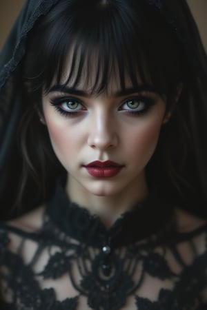 An ultra-detailed portrait of a beautiful young Gothic female. Her shoulder-length black hair frames her face in soft waves, highlighting her striking features. She wears dramatic Gothic makeup, with dark, smoky eyes, deep red lipstick, and pale, porcelain-like skin. A delicate lace veil drapes gently over her shoulders, adding an air of elegance to her darkly romantic appearance. Her intense gaze exudes beauty and mystery, capturing the essence of both classic bridal grace and gothic allure,