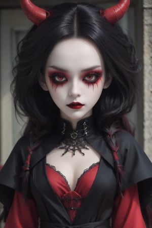 create a demon gothic doll wearing a black robe open with a red dress underneath, demon makeup, ,more detail XL,绿色头发,sayaairie,goth person