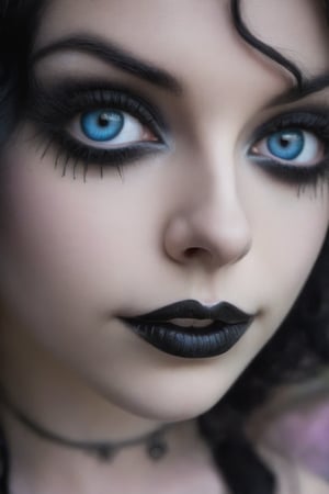 extreme close up of a women, she has bright blue eyes, she has black wavy shoulder length hair, she has light gothic make up, she has earrings and a nose ring, she is perfect and beautiful, she has a cheeky smirk,goth girl,goth person
