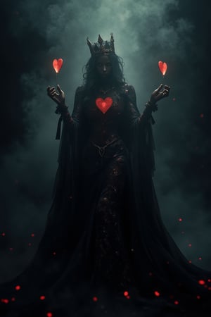  queen of hearts, dark shadows and mist are the background,professional film grain horror photography of a dark cursed,,AHaunted,smoke and gas spirit rising up,fantasy_master_200,MidnightEmber,cinematic dramatic color style