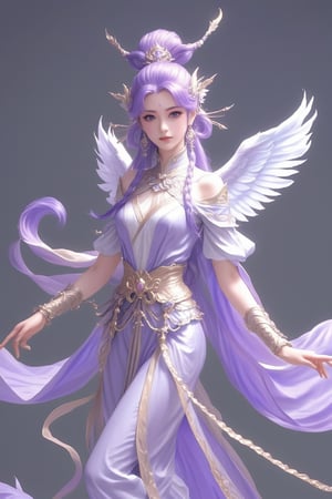 Fantasy,Mythology,boho,woman,long,flowing purlple hair,wings,adorned with jewels ,lilac silk dress flows in the wind,otherwordly,mythical.hyper-realistic,hyper-detailed,cinematic,dramatic.