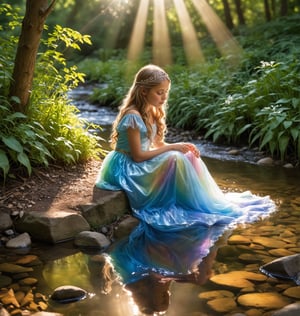 Create a water princess; sitting on at the edge of the brook watching the  water as sunlight strikes, casting small rainbows upon the water.