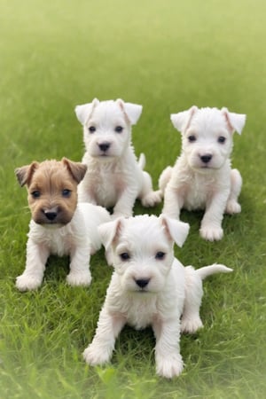  create a litter of cute little blank and white foc terrier puppies, just siting on the grass