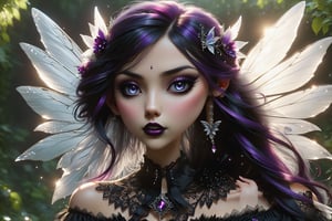 create me a fairy/goth/fanatsy hybrid,  her mouth is slightly open