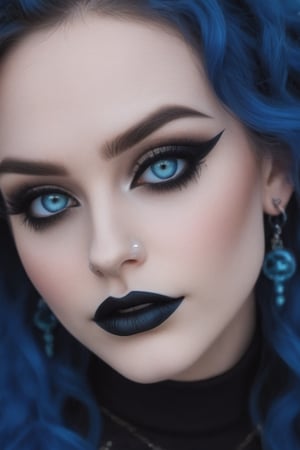 extreme close up of a women, she has bright blue eyes, she has bright blue wavy shoulder length hair, she has light gothic make up, she has earrings and a nose ring, she is perfect and beautiful, she has a cheeky smirk,goth girl