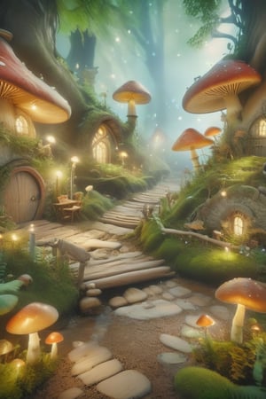 Envision a whimsical, magical mushroom village where little fireflies dance in the air and adorable fairies dwell.,fairytale,Fairy