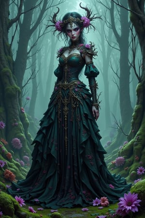 Create an image of a gothic female figure standing in a misty forest. She wears beautifully detailed traditional gothic clothing and has striking makeup. Surrealism style adds a whimsical touch, with upside-down trees and colorful shadows dancing around her.