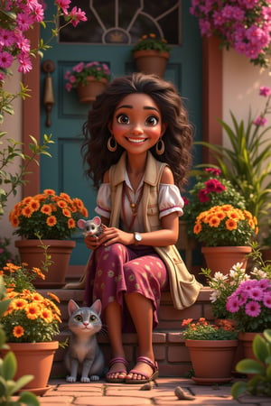  A caricature of a  older darker skin lady, with long brown curly hair, is sitting on her front porch, surrounded by lovely pots of lovely bright flowers, beside her is her beautiful grey fluffy cat looking happy and content playing with its little stuffed mouse