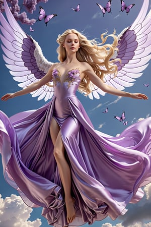 the scene is an agel in the sky, her wings are spread as she hovers in the sky, her beautiful  lilac silk gown floats around her, her long blonde hair floats around her, she is looking at the viewer. High quality, high resoltion.