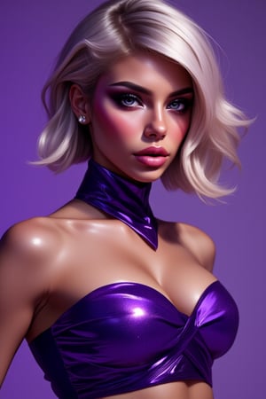 create a sexy  female  all in purple, with platinium blonde hair