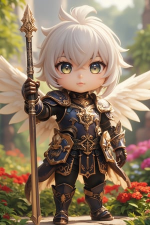 Masterpiece, best quality, stunning, extremely detailed CG unified 8k wallpaper, 3xangel, chibi version, holding a Lance in his right hand, attack pose, standing on a haven garden, detailed background, 8k, 
,chibi, chibi version,Angelababy