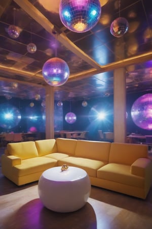 In this scene, I envision a room with walls and a ceiling made of glass, couches surrounding the space, and a disco ball suspended in the center. Spotlights from each corner of the room strike the disco ball, illuminating the rotating colors.,dsicogirl,glass shiny style