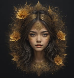 masterpiece, high quality photo, cool tone, (black simple background), colorful cute-girl carved on gold, (wide shot), , drtailed face,INK,ink,DonMB14ckB377yXL, golden and black spirit,golden patterns