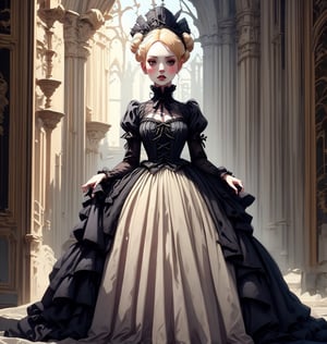 Create a full-body shot of a Gothic lady from the Victorian era. She stands with her pure blonde hair styled in a typical Victorian bun. She wears a traditional yet stunning Victorian-era bodice dress made of red lace over black satin.  The image should be high definition and high quality, pastelbg, ,gothic girl