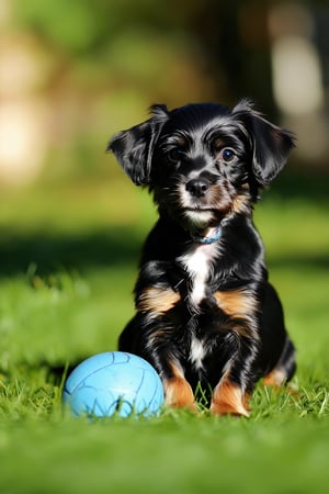 A tiny black dog, with a white-tipped tail and two white spots on the back of his neck, has a smooth coat. He sits contentedly in the sun on the grass, with his little blue ball beside him.