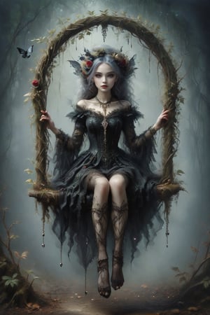 create an image of a female of gothic/fairy ancestory, wearing traditional clothng, jewelery and make, perfect, sitting on on a swing that is attached by chain to a branch of  tree