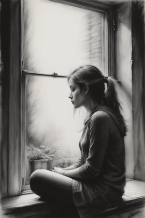 A sketch of a girl sitting at her bay window, appearing deep in thought, with a background and surroundings that evoke comfort. ,Charcoal drawing,Sketch,dark moody atmosphere,more detail XL