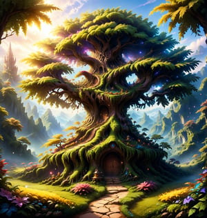 create an gorgeous tree with fantasy surroundings