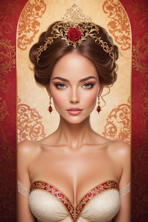 Create a beautiful image of a stunning lady with an ornate and lovely background behind her.,DonMM4g1cXL 