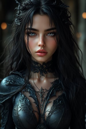 A hauntingly beautiful young woman stands facing the camera in a dramatic composition, her raven-black hair cascading down her back like a waterfall of night. Soft lighting highlights her facial features. Her Gothic-inspired tunic appears to shimmer with otherworldly energy, as if infused with dark magic. 